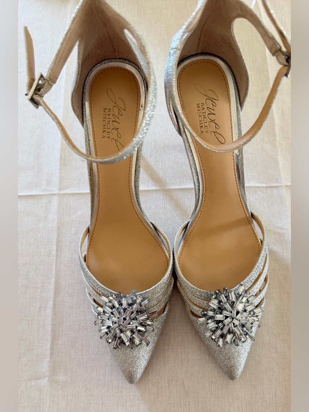 Jewel Badgley Mischka Silver Pointed Toe Crystal-Embellished Ankle Strap Heels